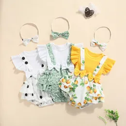 2PCS夏の女の赤ちゃんロンパース生まれベビー服幼児袖の袖のフルーツフローラルドットプリントヘッドバンド220525