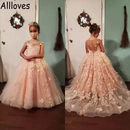 Dusty różowa sukienki do piłki z puffami Sukienki na przyjęcie weselne 3D Kwiaty księżniczki Dzieci Formalne noszenie małej dziewczynki suknie.