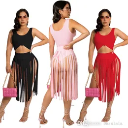 Neue Frauen Zwei Stück Kleid Set Mode Einfarbig Top Mit Quaste Hosen Rock frauen Outfits Nachtclub Tragen S-XL