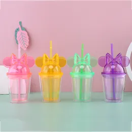 8 Colors 16oz Clear Mouse Ear Tumblers with Straw 450ml Mouse Ears Mug Acrylic Plastic Water Bottles Cute Child Cups for gift