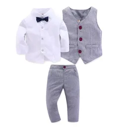 子供男の子服紳士グレーベスト+長袖ホワイトピンクシャツパンツ4ピーススーツ幼児子供服220326
