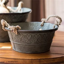 basin American Countryside Vintage Style Round Galvanized Herb Planter with Hemp Rope Handle Y200709