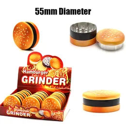 Partihandel Hamburger Shape Malders 3 lager Rökning Tillbehör Blanda färger Herb Grinder 55mm OD Diameter Plast Zinklegering Krossar med Display Box GR393