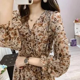 Casual Dresses Spring Beach Chiffon Dress V Neck Slim Vintage Print Chic Long Sleeve High midja Elastic Club Party Vestidos Femalecasual