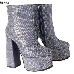 Rontic 2022 Novas mulheres Plataforma de inverno Botas de tornozelo Strass Chaky Heels Redondos Toe Pretty Black Festa Cinza Sapatos US tamanho 4-9.5