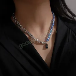 Kristallperlen und Edelstahl-Halsketten für Frauen, schwarze quadratische Kristall-Anhänger-Halskette, geometrischer Design-Schmuck
