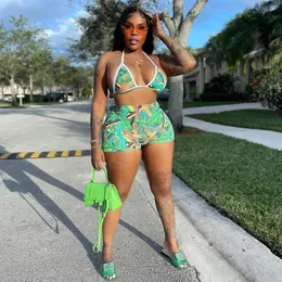 Mulheres Tracksuits Echoine Verde Tie Dye Imprimir Folhas Sexy Backless Bra Top e Shorts Dois Peça Set Verão Beach Bikini Terno Swimwear 2022W