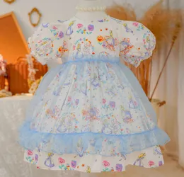 Tjejer tecknade prinsessor klänningar med spets tulle kjol set barn blommig tryckta puff ärm party klänning 2022 sommar barn bomull kläder Q5902
