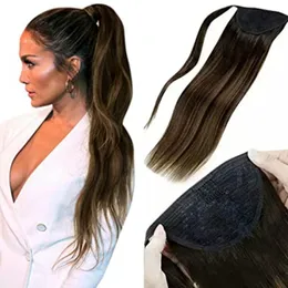 Brown human Extensions Ponytail 12 Inch Balayage Dark to Light Straight Wrap Around Ponytails Hair Piece Real Hair 120g