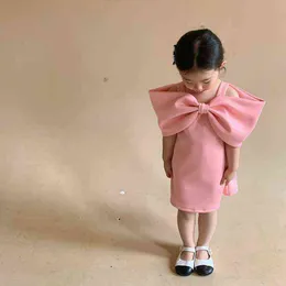 Mädchen Fliege Hosenträger Kleid 2021 Sommer Neue kinder Koreanische Nette Süße Rundhals Einfarbig Prinzessin Kleid G220428