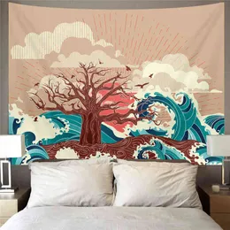 Waves Wall Hanging Sunset Tapestry Mandala Tree Of Life Nature Tapestry Japan Sea Psychedelic Carpet Yoga Beach Boho Home Decor J220804