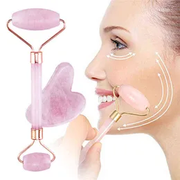 1/2st Rose Quartz Facial Massage Jade Roller Guasha Board Double Heads Face Lift Body Skin Relaxation Slimming Beauty 220510