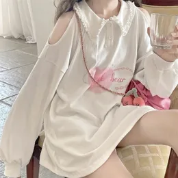 Houzhou kawaii vita hoodies kvinnor japanska söta hjärttryck offshoulder långärmad tröja mjuk tjej koreansk mode topp 220816