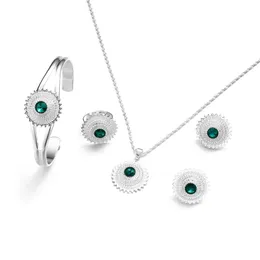 Brincos Colar Etiópia 4pcs Zircão Emeralds Colares de pingentes de pingentes Bulbões de anel Etiópia Dubai África árabe Jóias de cristal conjunto para Womenea