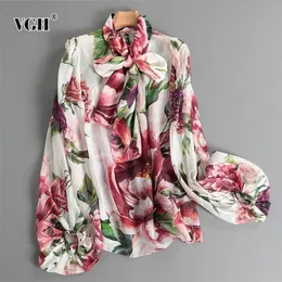 VGH Hit Color Printed Shirt for Women Stand Collar Lantern Sleeve Casual Loose Blouse Female Fall Fashion Clothing 210308