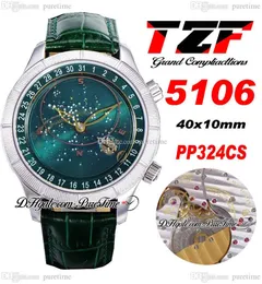 TZF Komplikationen 5106 Sky Moon Celestial A240 Automatische Herrenuhr Stahlgehäuse Grünes Zifferblatt Lederarmband Super Edition Uhren Puretime F025f6