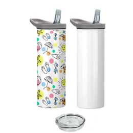 Sublimation 20oz 30oz Skinny Tumblers Straight Cups Double Wall Stainless Steel Vacuum Insulated Travel Sippy Tumbler With Handles Two Lids for Portable Cover