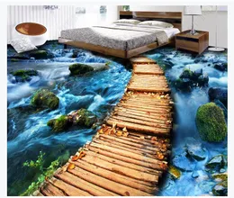 Benutzerdefinierte fotofußboden tapete 3d wandaufkleber moderne plank brücke path stone river 3d boden malerei wände papier dekoration