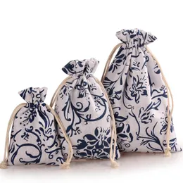 Present Wrap Multi-Size Cotton Linen Blue and White Porcelain Drawstring Storage Bag Christmas Wedding Candy Smycken Packing 1PCGift