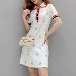 Новая женская выключающая воротничка вязаная с коротким рукавом цветовое блочное вышивание A-Line Летнее платье плюс размер SMLXLXXL