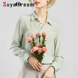 Suyadream Women Silk Blouses 100％本物のシルクソリッド長袖ベーシックボタンオフィスレディーブラウスシャツシックシャツ210401