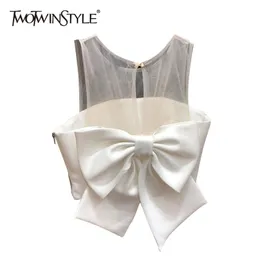 Twotwinstyle Sexy Patchwork Mesh Bowknot camisa para mulheres o pesco￧o de pesco￧o Blushless Blouse Summer 210401