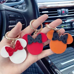 Leather Bow Mouse Keychains Rings Cartoon Minni Gold Car Keyrings Holder Cute Bag Pendant Charms Fashion Design Love Jewelry Gifts Keyfobs