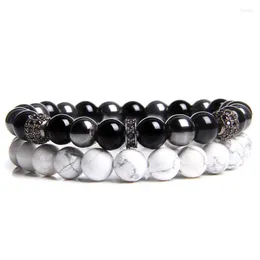 Pärlsträngar 2 kedjor armband cz boll charm armband set naturliga howlite 8 mm fengshui svart onyx agat stretch pulsera kvinnor mala fawn2