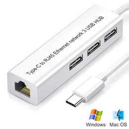 Nätverksnav USB 3.1 Type-C-port till USB Hub RJ45 LAN Network Card Fast Ethernet Adapter Cable USB2.0 Wired för Windows Mac iOS Android RTL8152 PC MacBook Laptopop