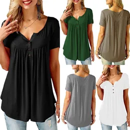 Womens Casual Short Sleeve Loose T-Shirts Solid Color Button Pleated Tunic Tops v-neck female pullover tops summer clothes 220812
