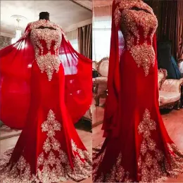 Mermaid Evening Red Dresses With Cape Strapless Beaded Crystals Sleeveless Lace Applique Floor Sweep Train Ball Gown Formal Wear 2022 Plus Size Custom Made