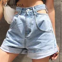 Genayooa Kore denim yüksek bel şortları açık mavi içi boş out kısa kadınlar yaz gündelik kot pantolon 2020 T200701