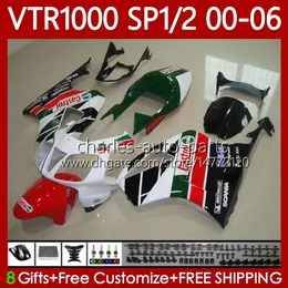 Kropps kit för Honda VTR1000 RTV1000 RC51 00 01 02 03 04 05 06 Bodywork 123NO.62 VTR 1000 SP1 SP2 Röd vit grön 2000 2001 2002 2003 2004 2005 2006 VTR-1000 2000-2006 Fairing
