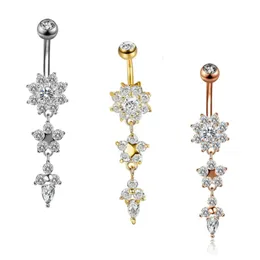 Zircon Flowers Belly Button Ring 316L Stainless Steel CZ Inlaid Body Piercing 14G Navel Barbell