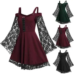 2022 Vintage Women Spring Autumn Dresses Lace Patchwork Flare Sleeve Black A-line Dress Punk Partywear Gothic Plus Size L to 5XL Y220401