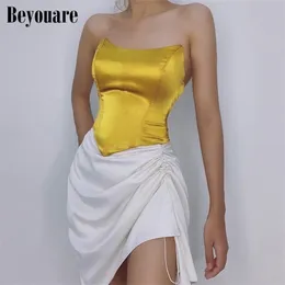 Beyouare Sexy Seide Frauen Rohr Tops Solide Ärmel Asymmetrische Dünne Dünne Korsett Cropped Top Sommer Casual Elegante Bustier 220325