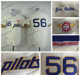 Camisa masculina vintage nº 56 Jim Bouton Camisas de beisebol Seattle Pilots Camisas com costura creme 100º patch M-XXXL
