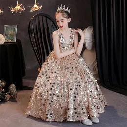 2022 Sequined Flower Girl Dresses Ball Glows Child Pageant Dresses Long Gold Gold Little Kids Flower Girl Gown Formal Birthday Party Gowns