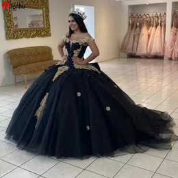 ビンテージブラックボールガウンQuinceaneraドレスvestidos de 15 anosグリッタースパンコールレースアップリケ誕生日プリンセスパーティーガウン肩の甘い16ドレス