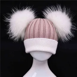 Baby Winter Echtpelz Ball Beanie Hut Warme Nette Mode Flauschigen Echt Weiß Große Waschbären Pelz Pom Poms Kinder Gestrickte hüte J220722