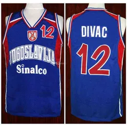 Nikivip Vlade Divac #12 Team Jugoslavija Jugoslavia Serbia Blue Retro Basketball Maglie da basket Mano cucite cucite personalizzate qualsiasi nome numero