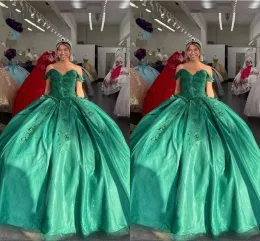 Зеленый с плеча Quinceanera платья роскошные бисером бальное платье кружева аппликация из бисера Pageant формальное платье сладкое 16 день рождения вечеринка