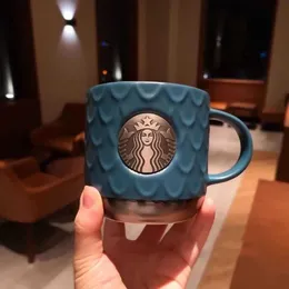 Starbucks Fincan Koyu Mavi Balık Ölçeği Kupa Büyük Kapasiteli Bakır Bölüm Seramik Kupası Erkek Ve Kadın Kahve Fincanı Kapak Kaşıkla