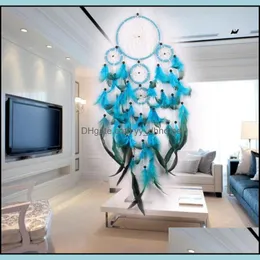 Arts And Crafts Arts Gifts Home Garden Handmade Dream Catcher Wind Chime Net Natural Feather Make Furnishing Ornament Decorate Blue Wall