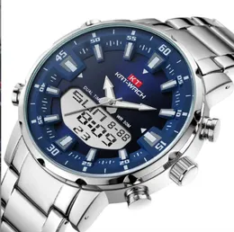 KT1815 Popularne gorące sprzedaż męskich zegarków kwarcowych mody Podwójny ruch LED Electronic Steel Band 50 m głębinowy wodoodporny kalendarz Luminous Alarm Kalendarz