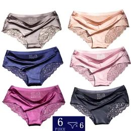 6pcs/lote quco marca feminina cueca gelo gelo seda sem costura renda lingerie sexy calcinha feminina 220426