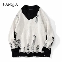 Black White Patchwork Pullovers Sweaters tvättade förstörda rippade tröjor män harajuku hålstickare för kvinnor överdimensionerade 220812