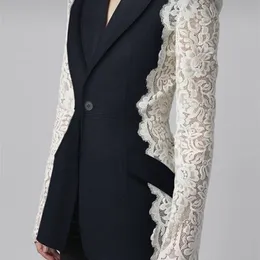 DEAT Womens Blazer Fashion Notched Lace Patchwork Long Sleeve Contrast Suit Jackets Female Autumn 17A1298 220811