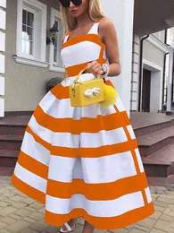 Candy Color Striped Print Princess Dress Women Spring Off Shoulder Hem Long Party Dress Summer Sleeveless Office Suspender Dress Y220413