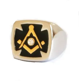 Stainless steel Knights templar Masonic Cross ring jewellery men's 18k Gold Silver Unique Freemasonry jewelry with crystal cz jewel stone black enamel